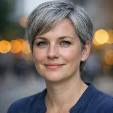 Woman in her early thirties, silver-gray short hair, blue-gray eyes, composed expression